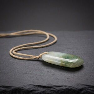 E Natural Green & White Jade Pendant Necklace – Rectangular Stone on Cord